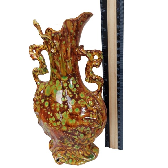 VTG Art Pottery Ewer Vase Brown Orange Green 1960-70s Pitcher Handled Hand Paint - Picture 10 of 12